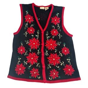 Bobbie Brooks Holiday Poinsettia Floral Embroidered Beaded Sweater Vest Size L